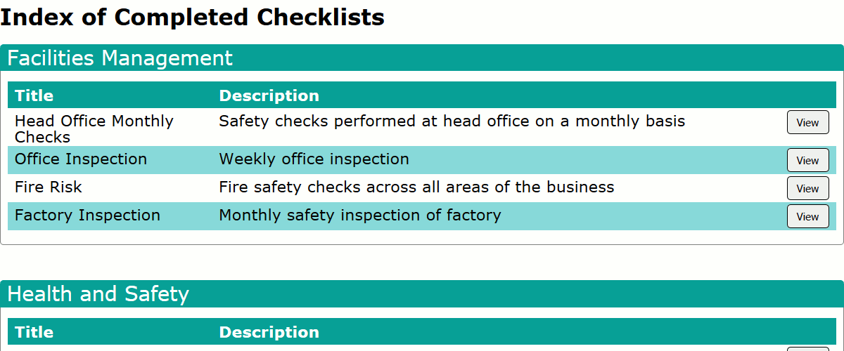 Index of completed checklists