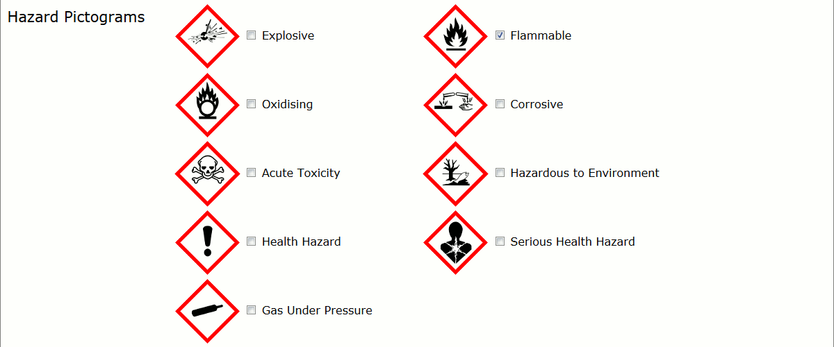 GHS Pictograms pre-loaded within COSHH software